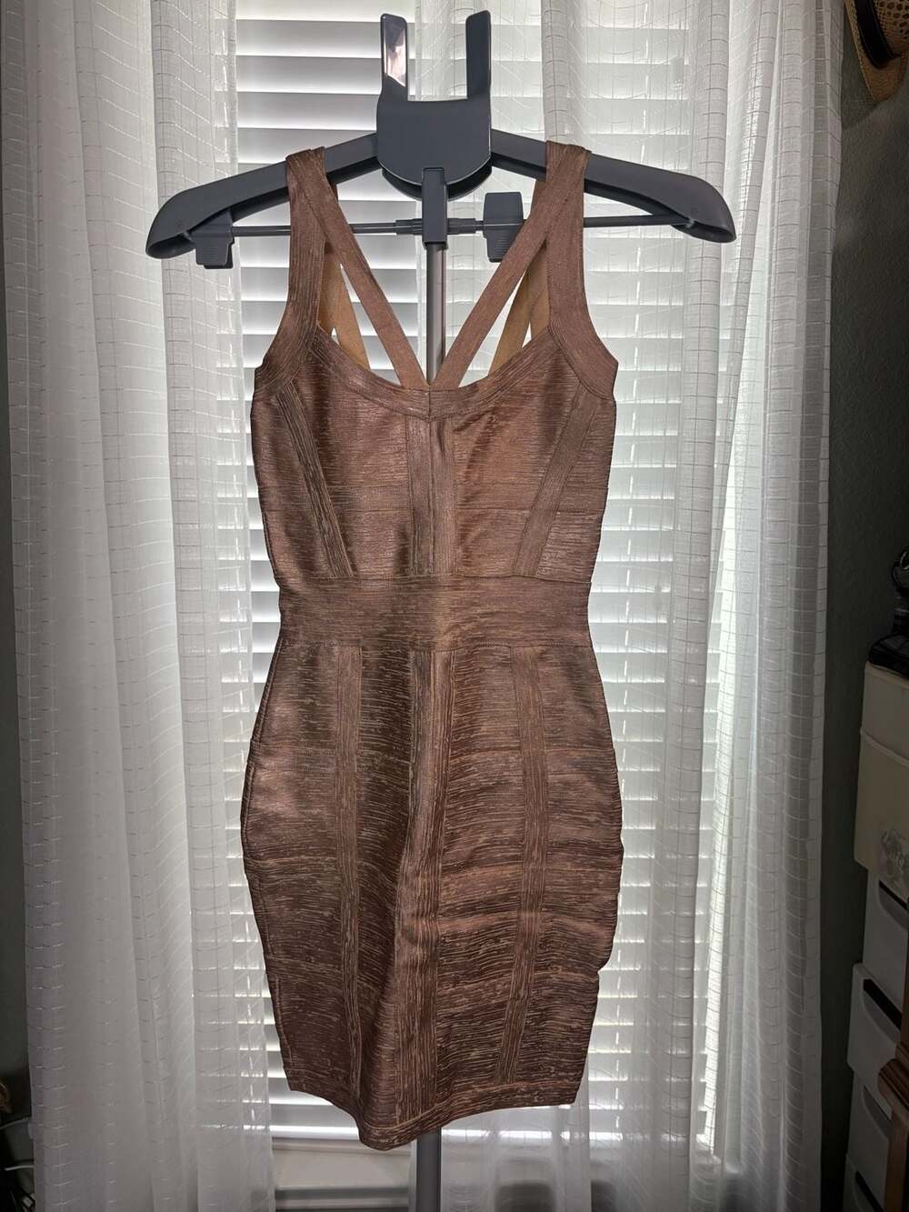 Faux Herve Leger Metallic Bronze Bandage Dress